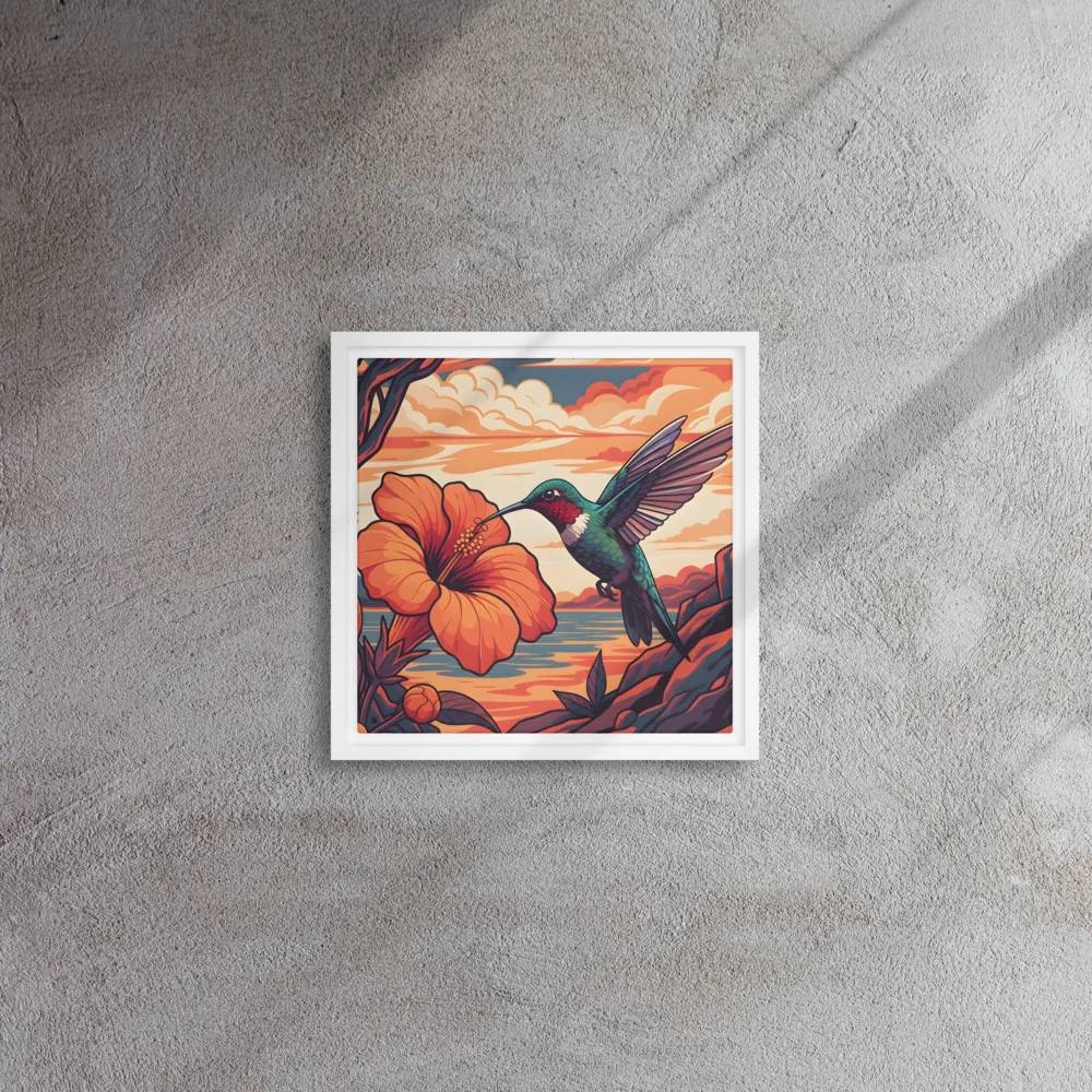Hummingbird and Hibiscus 
 Canvas with White Frame | 12″x 12″