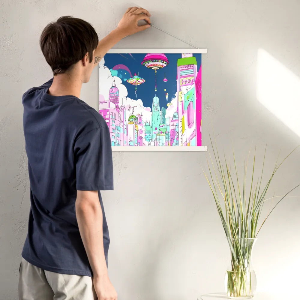 Futuristic Cityscape with Floating Structures | Poster With White Wood Hanger | 18″×18″