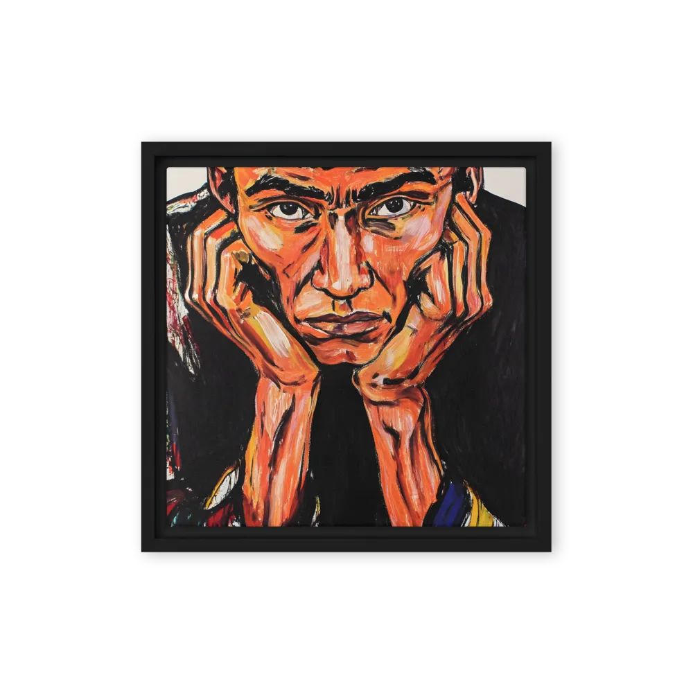 Contemplative Intensity: An Expressionist Portrait | Canvas with Black Frame | 12″×12″