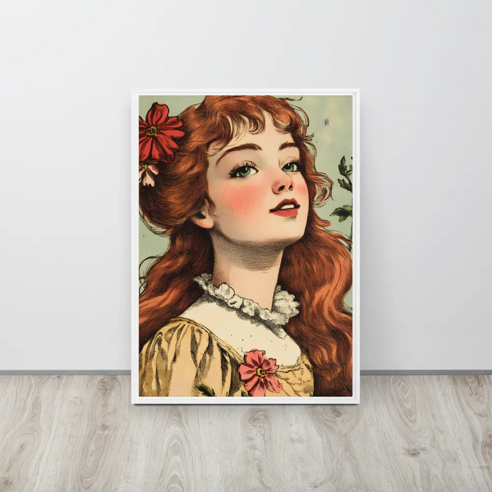 Whimsical Portrait of a Flower-Adorned Girl | Canvas with White Frame | 20″×28″