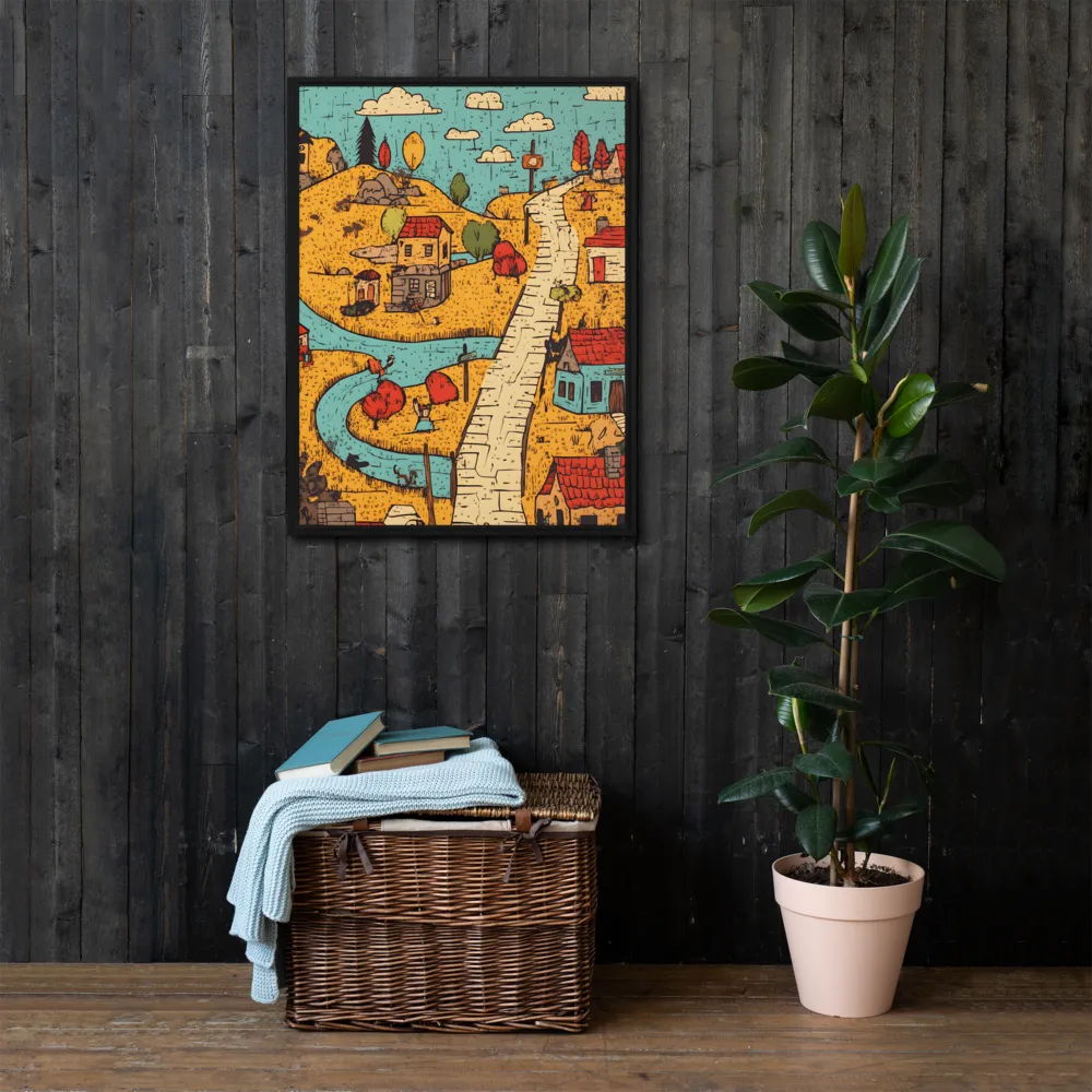 Whimsical Village Landscape | Canvas with Black Frame | 24″×32″