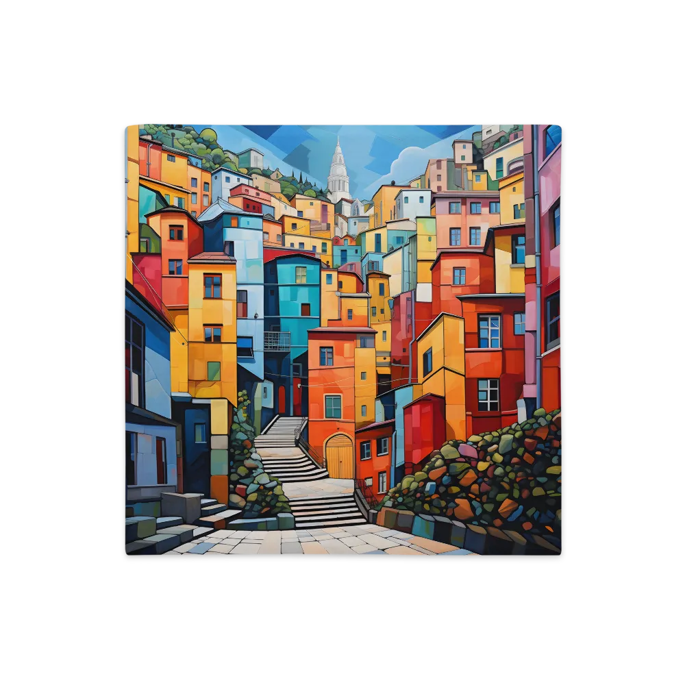 Vibrant Village: A Cubist Journey | Pillow Case | 18″×18″