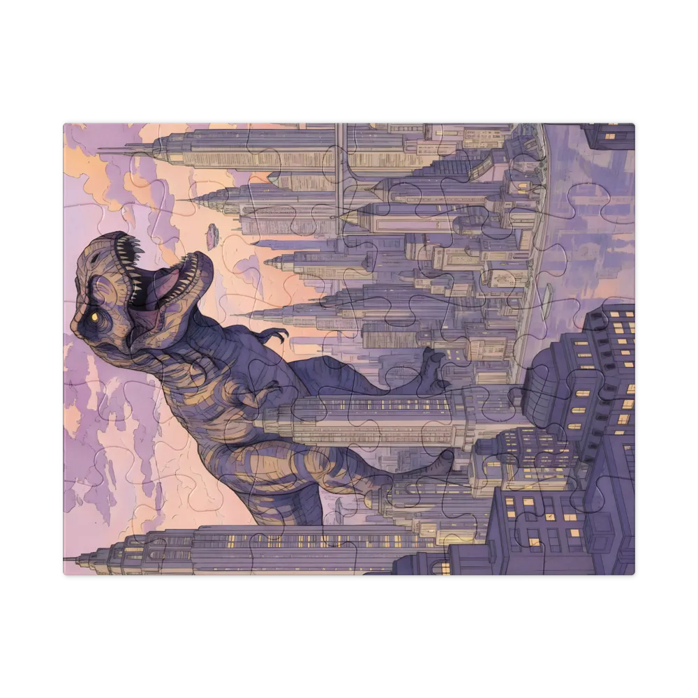 Twilight Tyrant — T. rex Cityscape 
 Jigsaw Puzzle in Tin Box