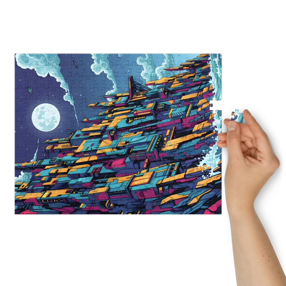 Moonlit Neon City 
 Jigsaw Puzzle in Tin Box