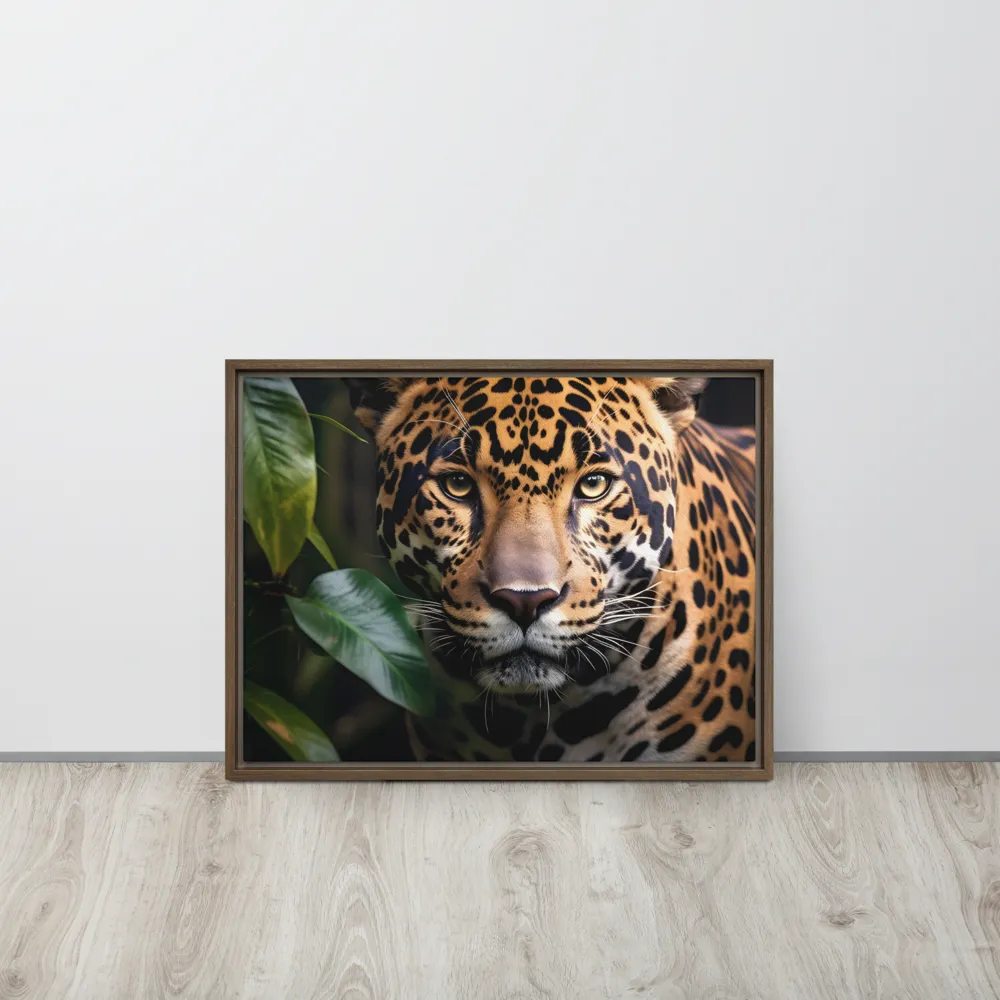 The Intensity of Nature: A Jaguar’s Gaze | Canvas with Brown Frame | 18″×24″