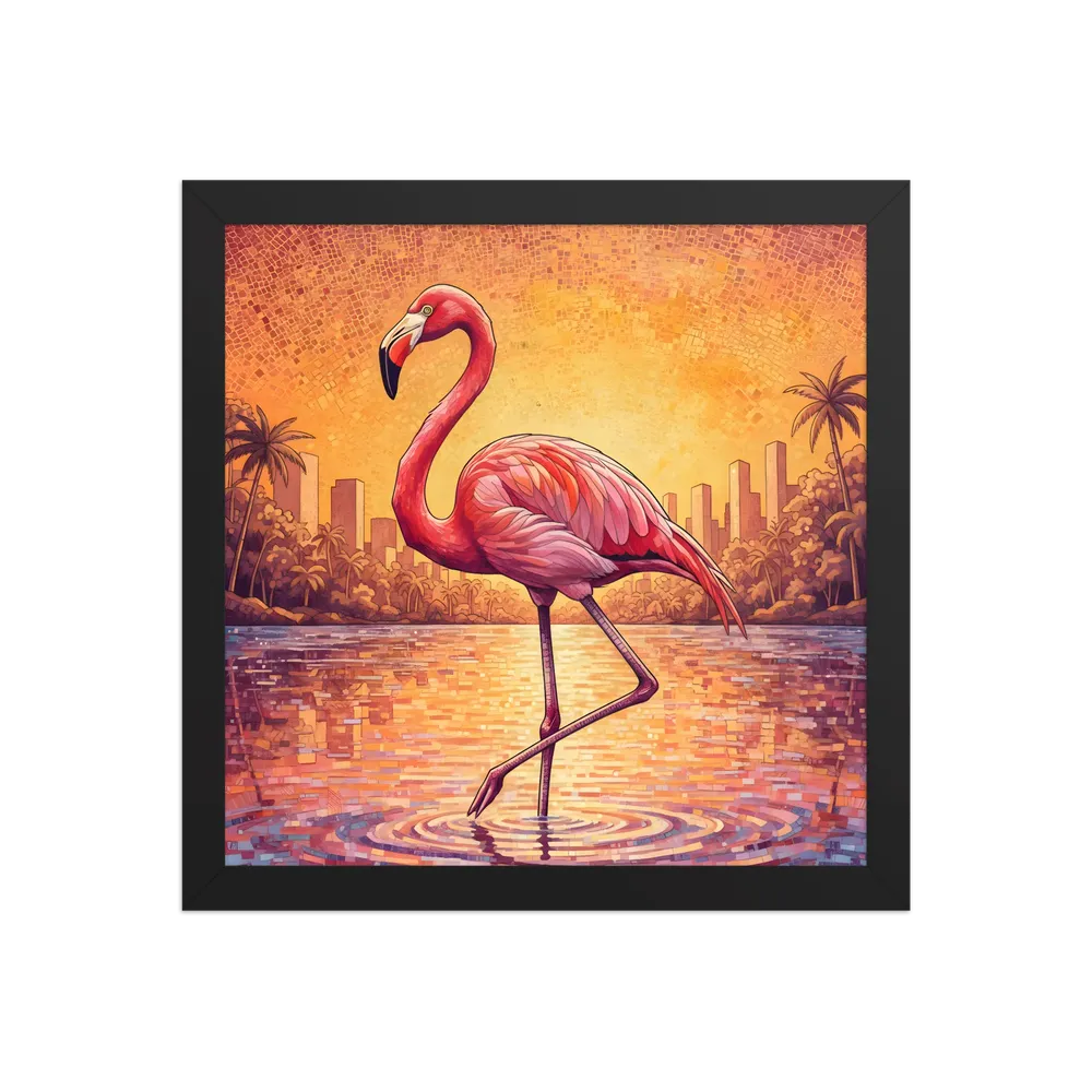 Sunset Mosaic Flamingo 
 Poster with Black Frame | 12″x 12″