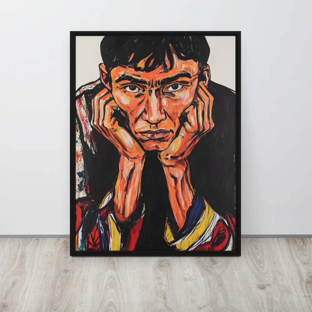 Contemplative Intensity: An Expressionist Portrait | Canvas with Black Frame | 24″×32″