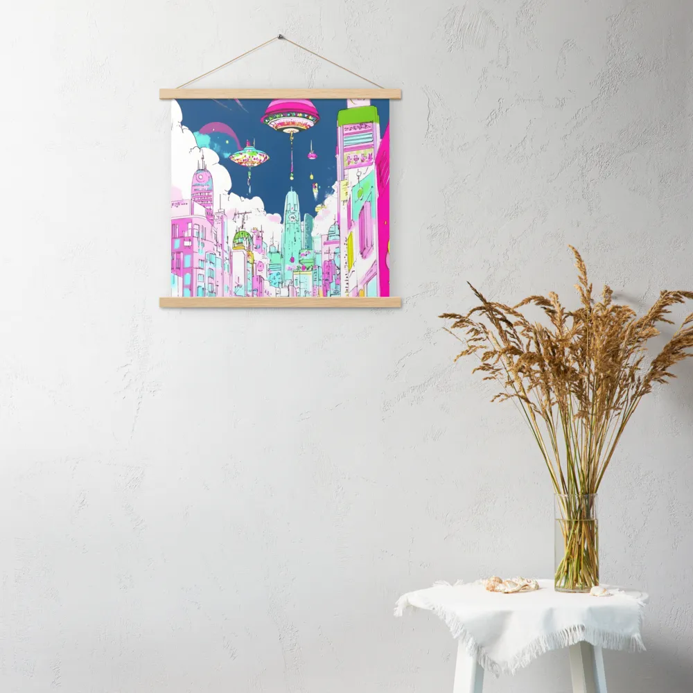 Futuristic Cityscape with Floating Structures | Poster With Oak Wood Hanger | 18″×18″