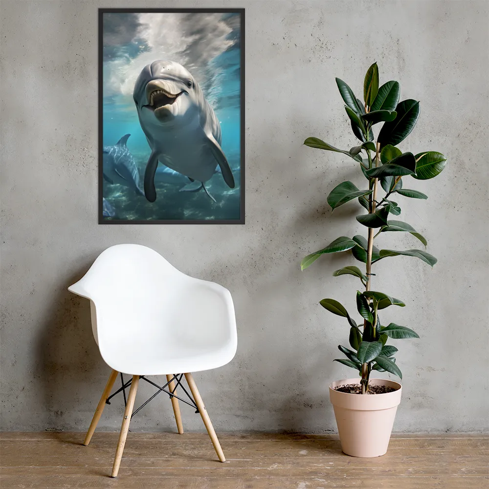 Beneath the Waves: A Dolphin's Dance | Poster with Black Frame | 24″×36″
