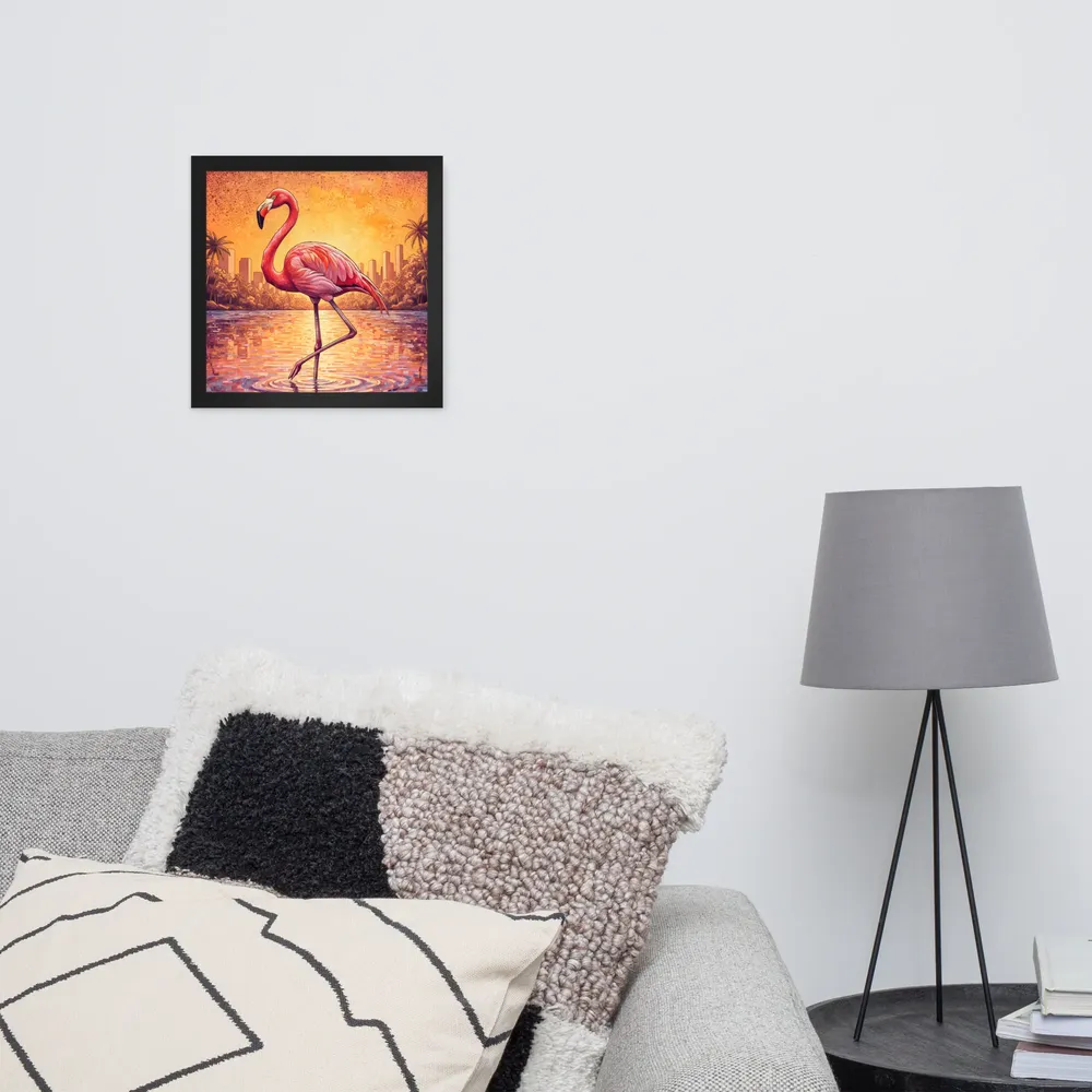 Sunset Mosaic Flamingo 
 Poster with Black Frame | 12″x 12″