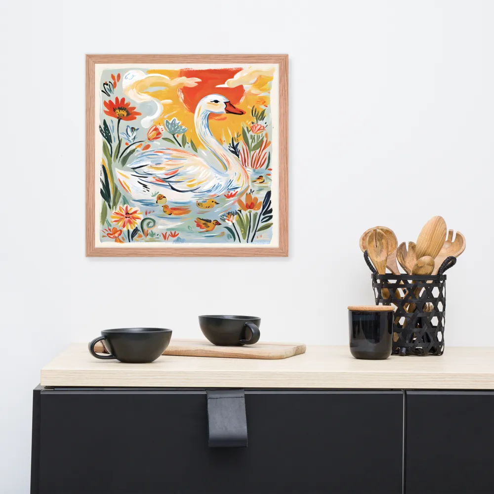 Swan and Ducklings 
 Poster with Red oak Frame | 16″x 16″