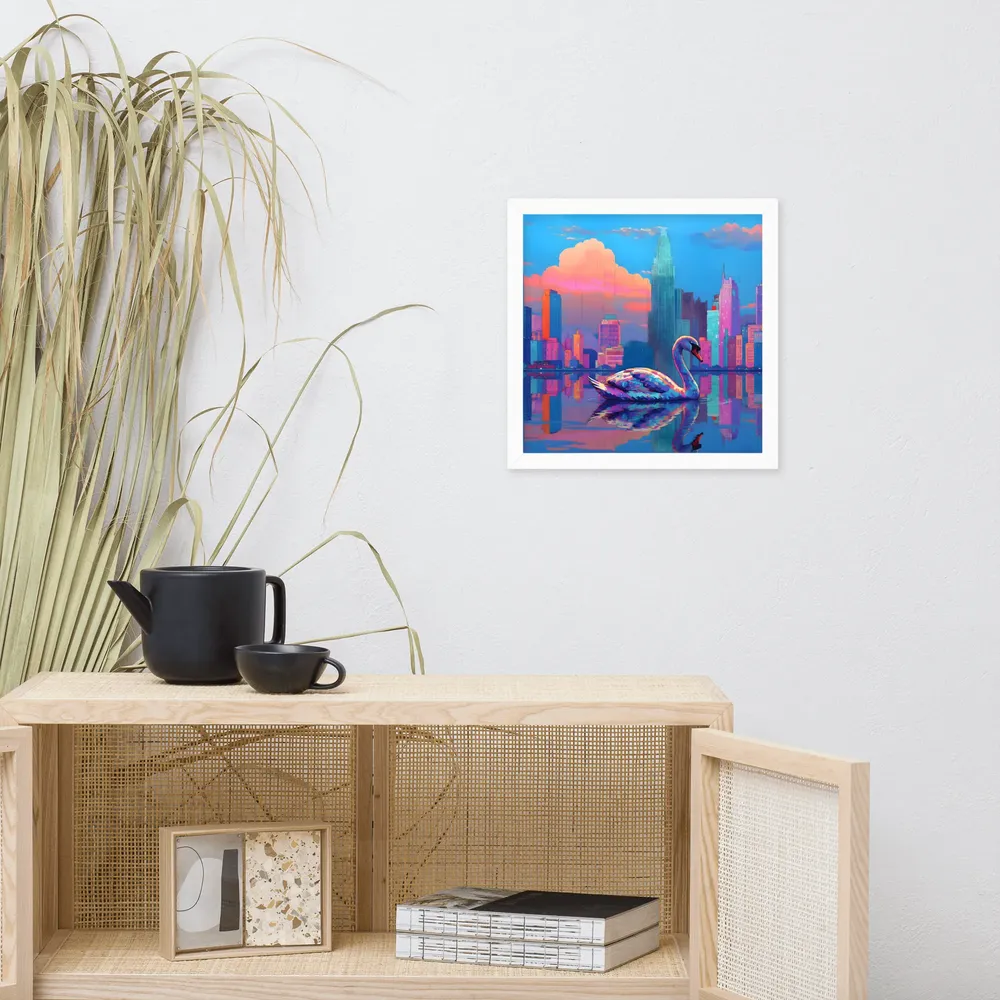 Neon Swan Skyline 
 Poster with White Frame | 14″x 14″