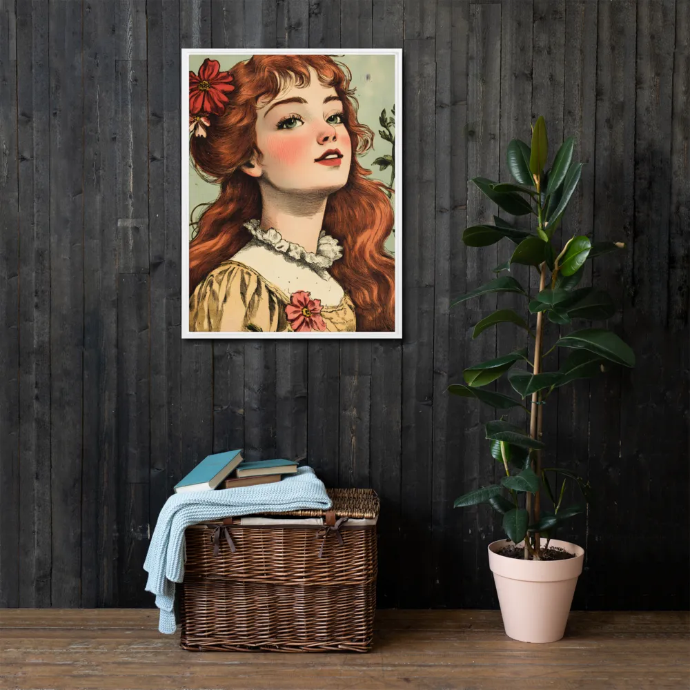 Whimsical Portrait of a Flower-Adorned Girl | Canvas with White Frame | 24″×32″