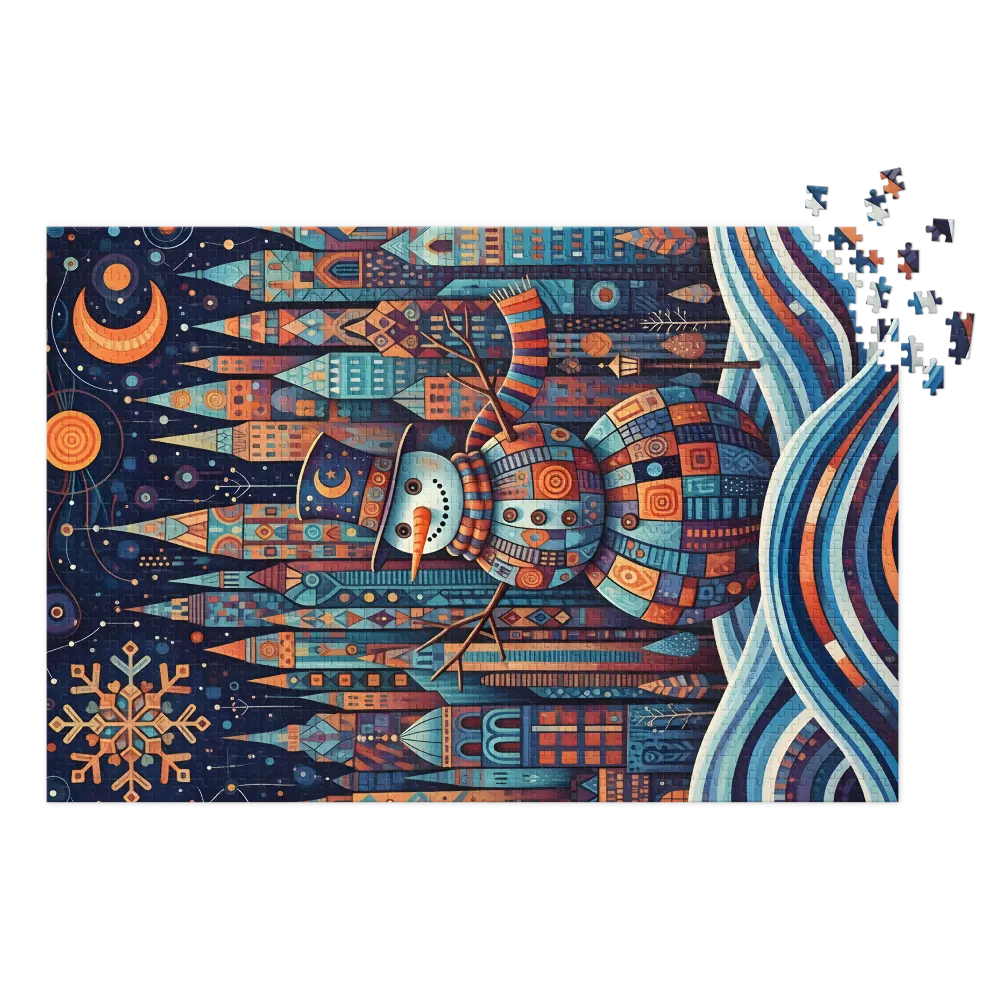 Patchwork Snowman Cityscape 
 Jigsaw Puzzle in Tin Box
