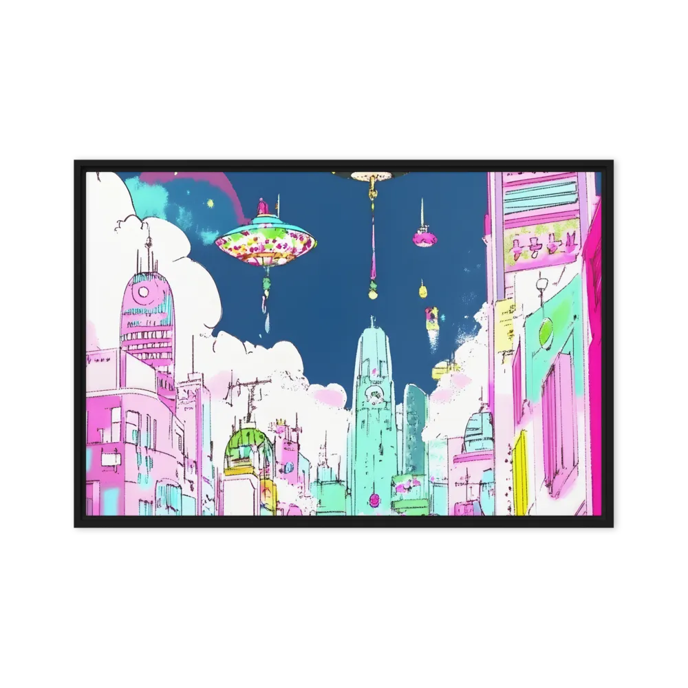 Futuristic Cityscape with Floating Structures | Canvas with Black Frame | 24″×36″