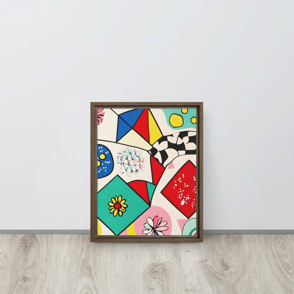 Joyful Geometry: A Playful Dance of Shapes and Colors | Canvas with Brown Frame | 11″×14″