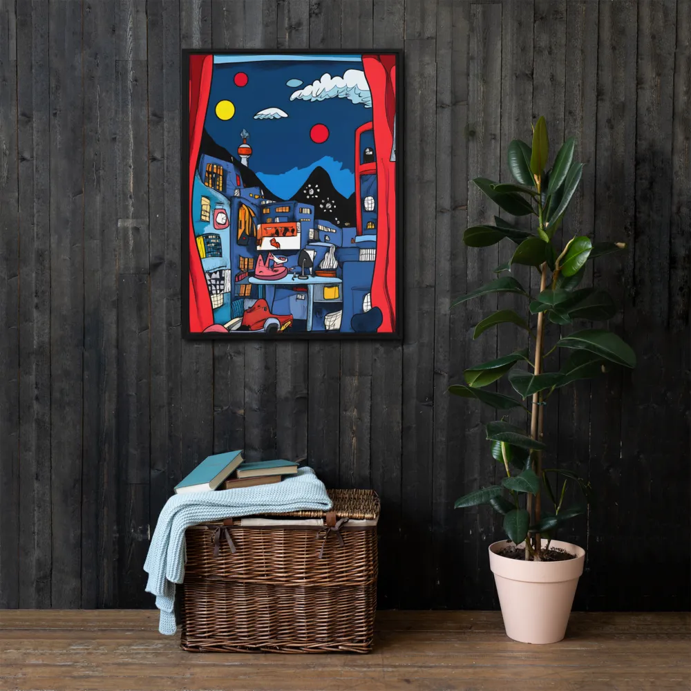 Whimsical Cityscape at Night | Canvas with Black Frame | 24″×32″