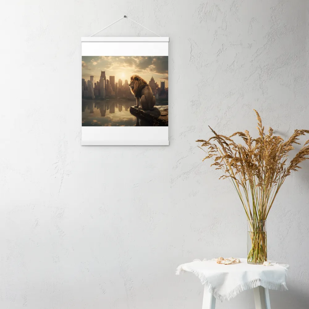 The Lion's Gaze Over the Urban Symphony | Poster With White Wood Hanger | 16″×20″