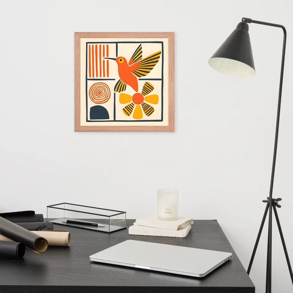 Hummingbird & Flower Panel 
 Poster with Red oak Frame | 14″x 14″