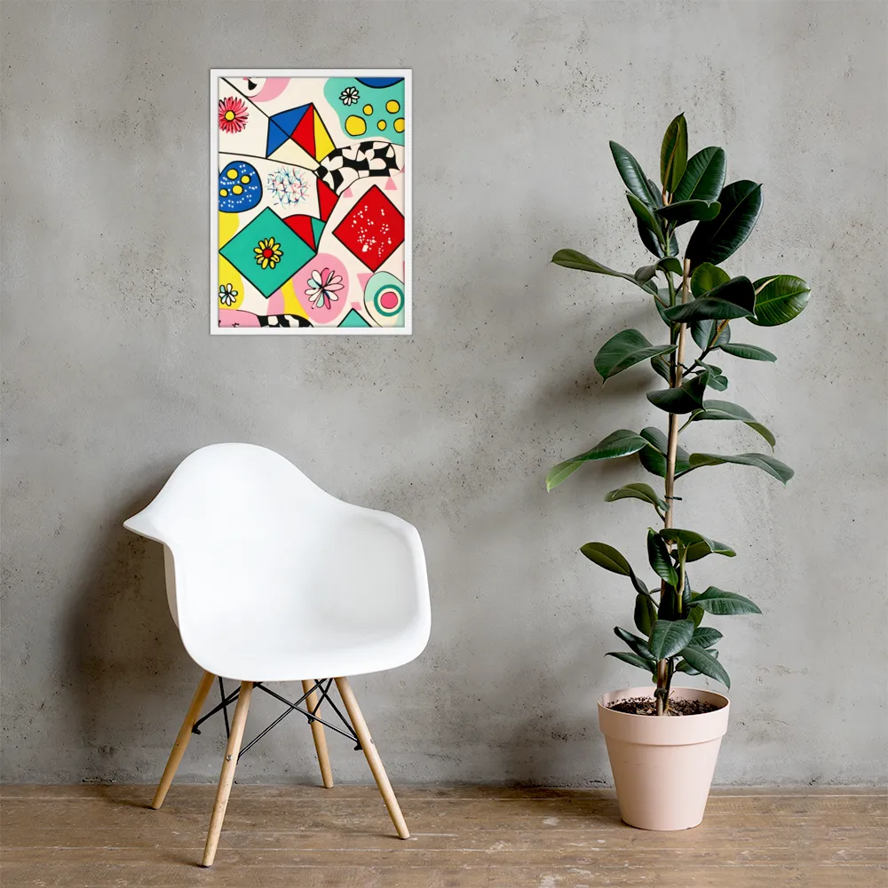 Joyful Geometry: A Playful Dance of Shapes and Colors | Poster with White Frame | 18″×24″