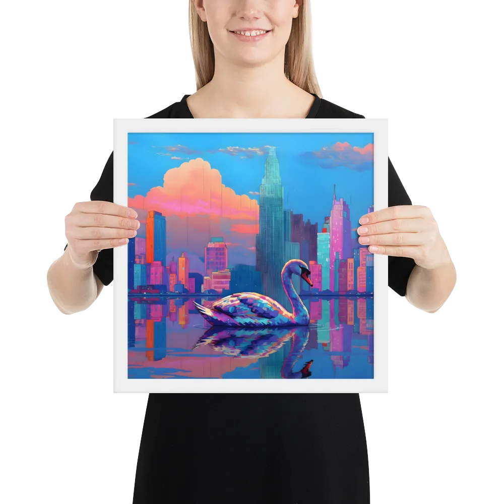 Neon Swan Skyline 
 Poster with White Frame | 14″x 14″