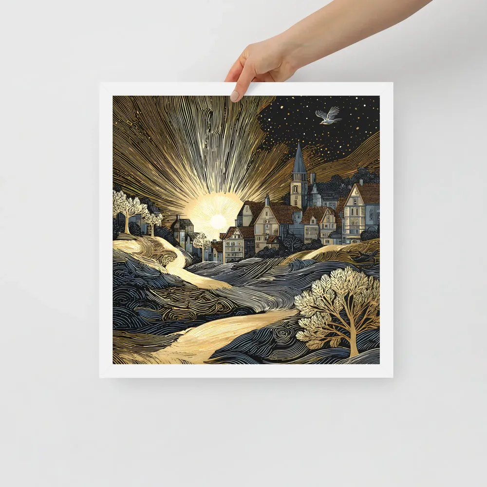 Golden Dawn Village 
 Poster with White Frame | 16″x 16″