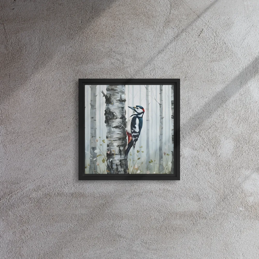 Woodpecker on Birch 
 Canvas with Black Frame | 12″x 12″