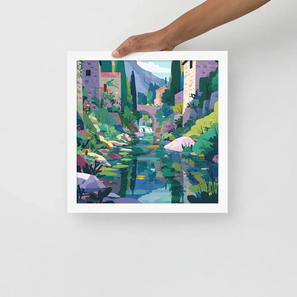 Mountain Village Stream 
 Poster with White Frame | 14″x 14″