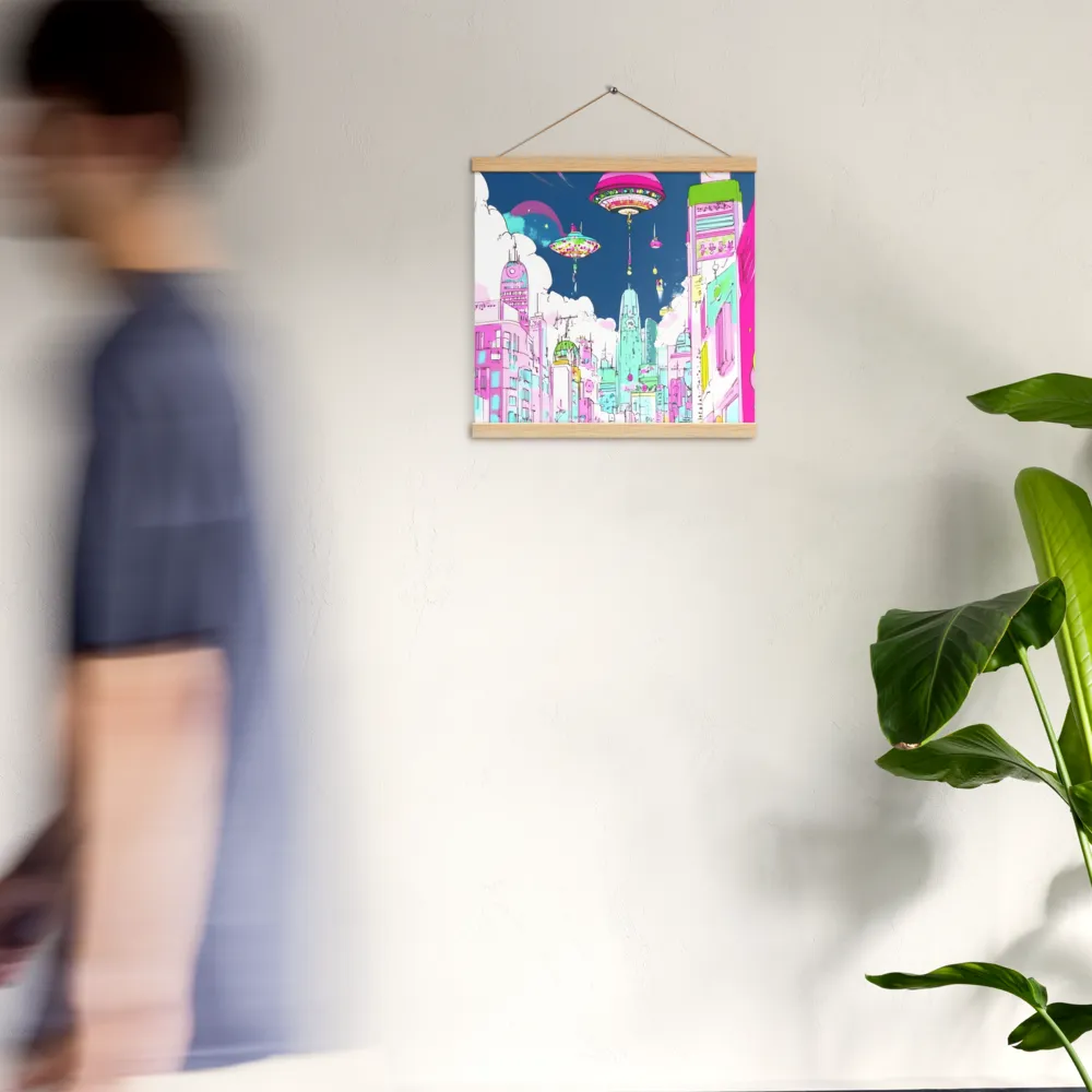 Futuristic Cityscape with Floating Structures | Poster With Oak Wood Hanger | 16″×16″