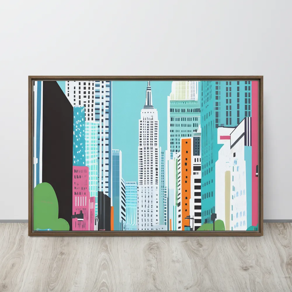 Urban Symphony: A Modern Cityscape | Canvas with Brown Frame | 24″×36″