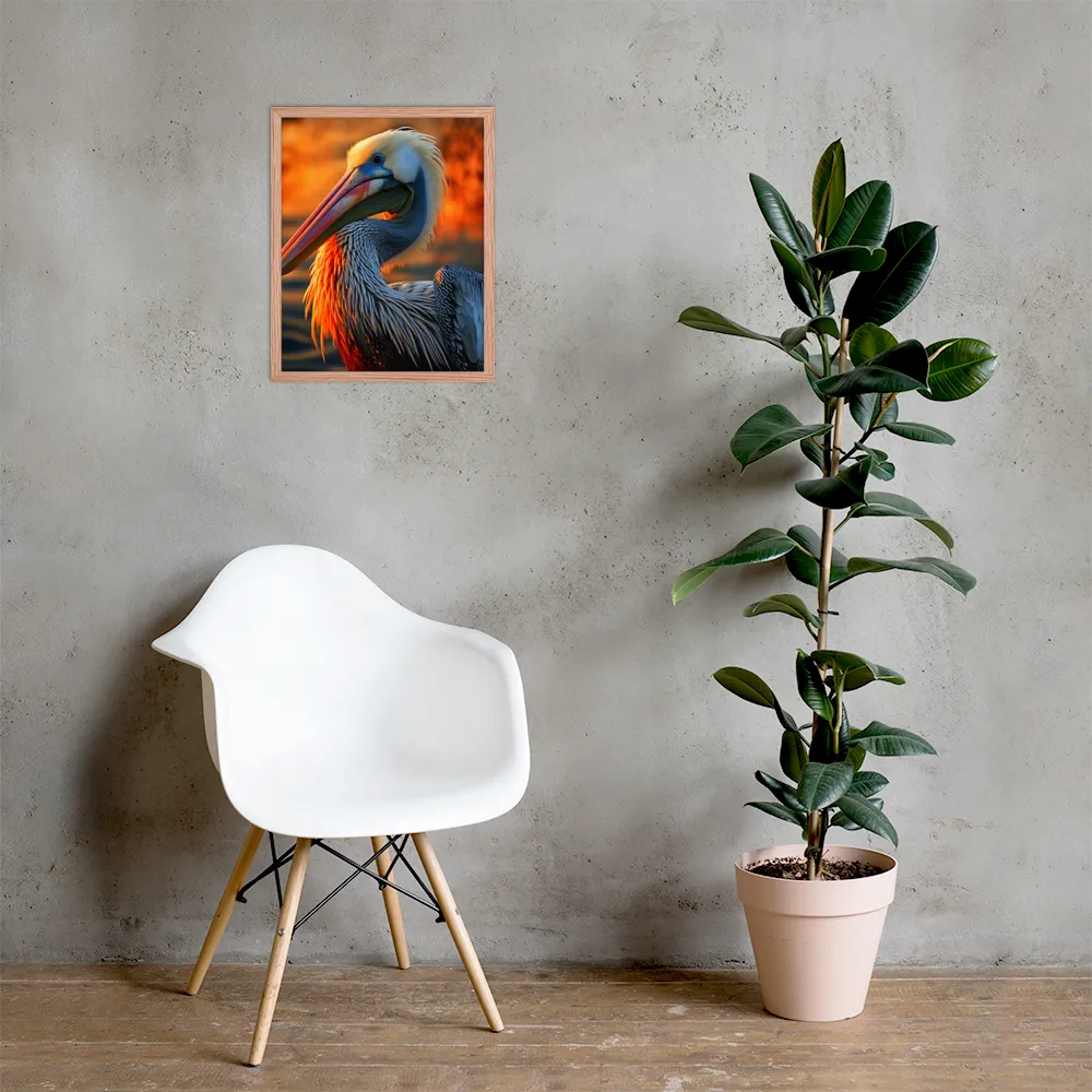 Elegance of the Pelican at Sunset | Poster with Red oak Frame | 16″×20″