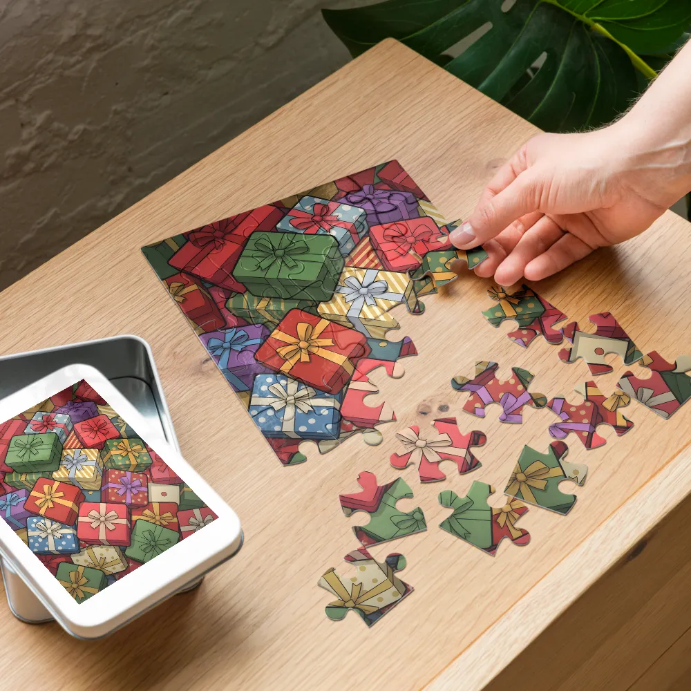 Pile of Wrapped Presents 
 Jigsaw Puzzle in Tin Box