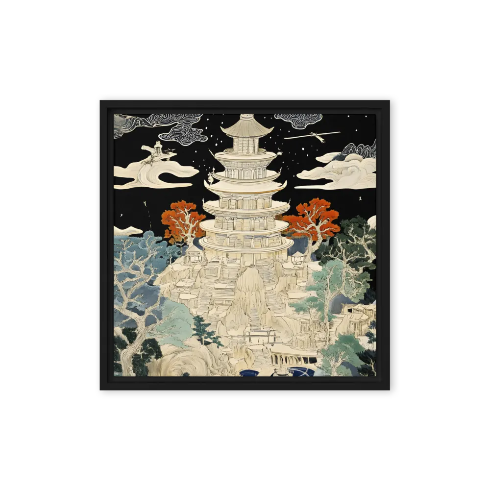 Whispers of the Pagoda | Canvas with Black Frame | 16″×16″