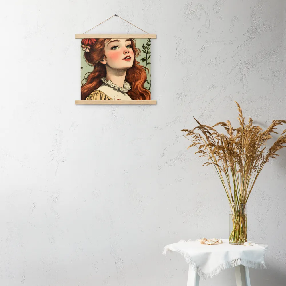 Whimsical Portrait of a Flower-Adorned Girl | Poster With Oak Wood Hanger | 14″×14″