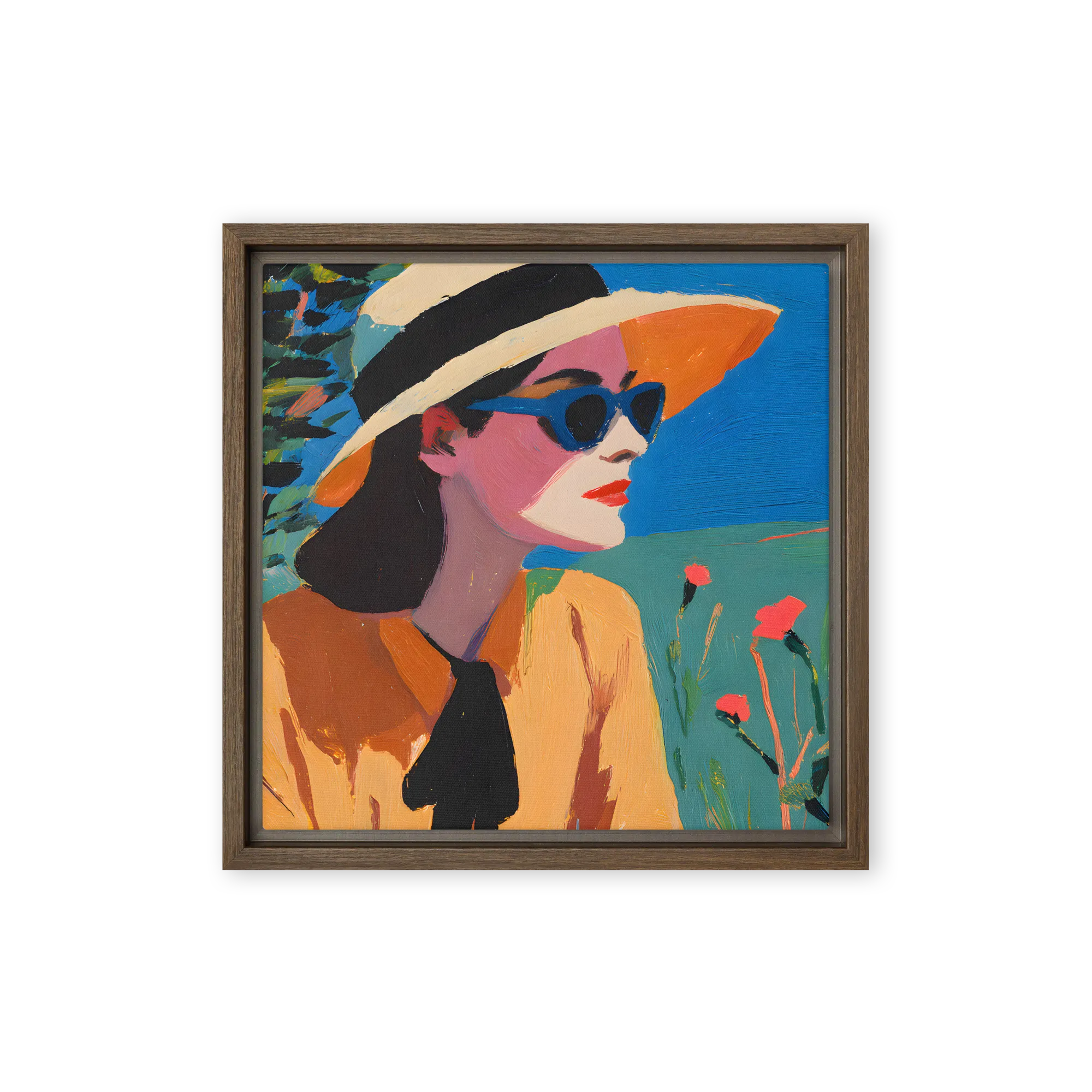 Stylized Woman in Hat 
 Canvas with Brown Frame