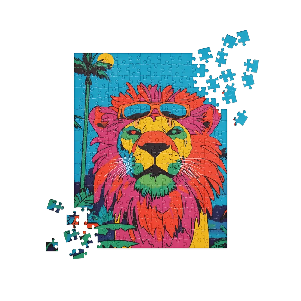 Lion with Sunglasses: A Vibrant Tropical Portrait | Jigsaw Puzzle | 252 pieces