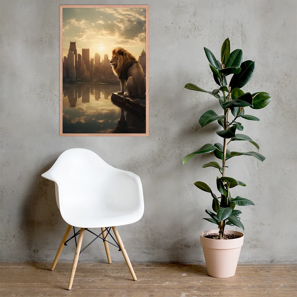 The Lion's Gaze Over the Urban Symphony | Poster with Red oak Frame | 24″×36″
