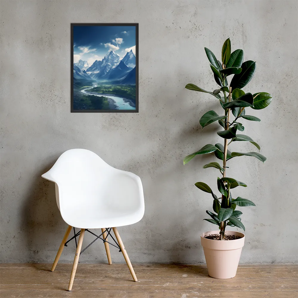 Majestic Serenity: A Landscape of Mountains and Rivers | Poster with Black Frame | 18″×24″