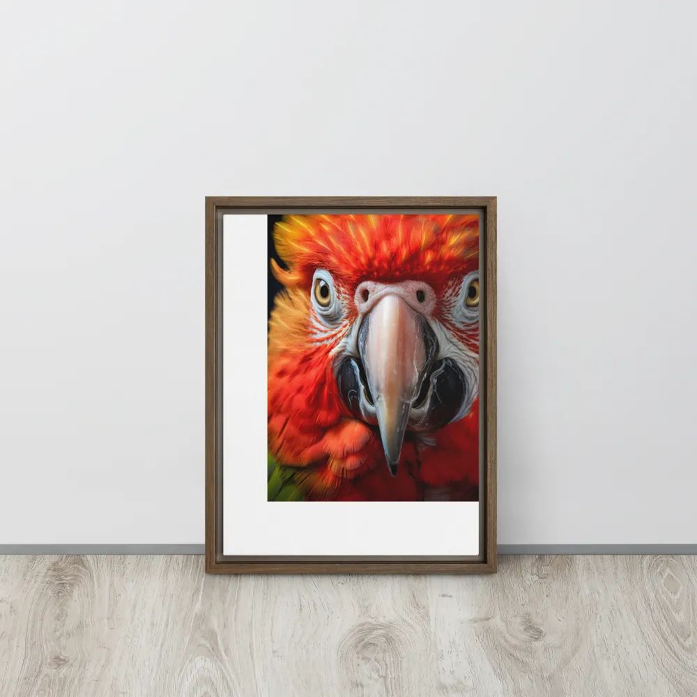 The Fiery Gaze of the Parrot | Canvas with Brown Frame | 12″×16″