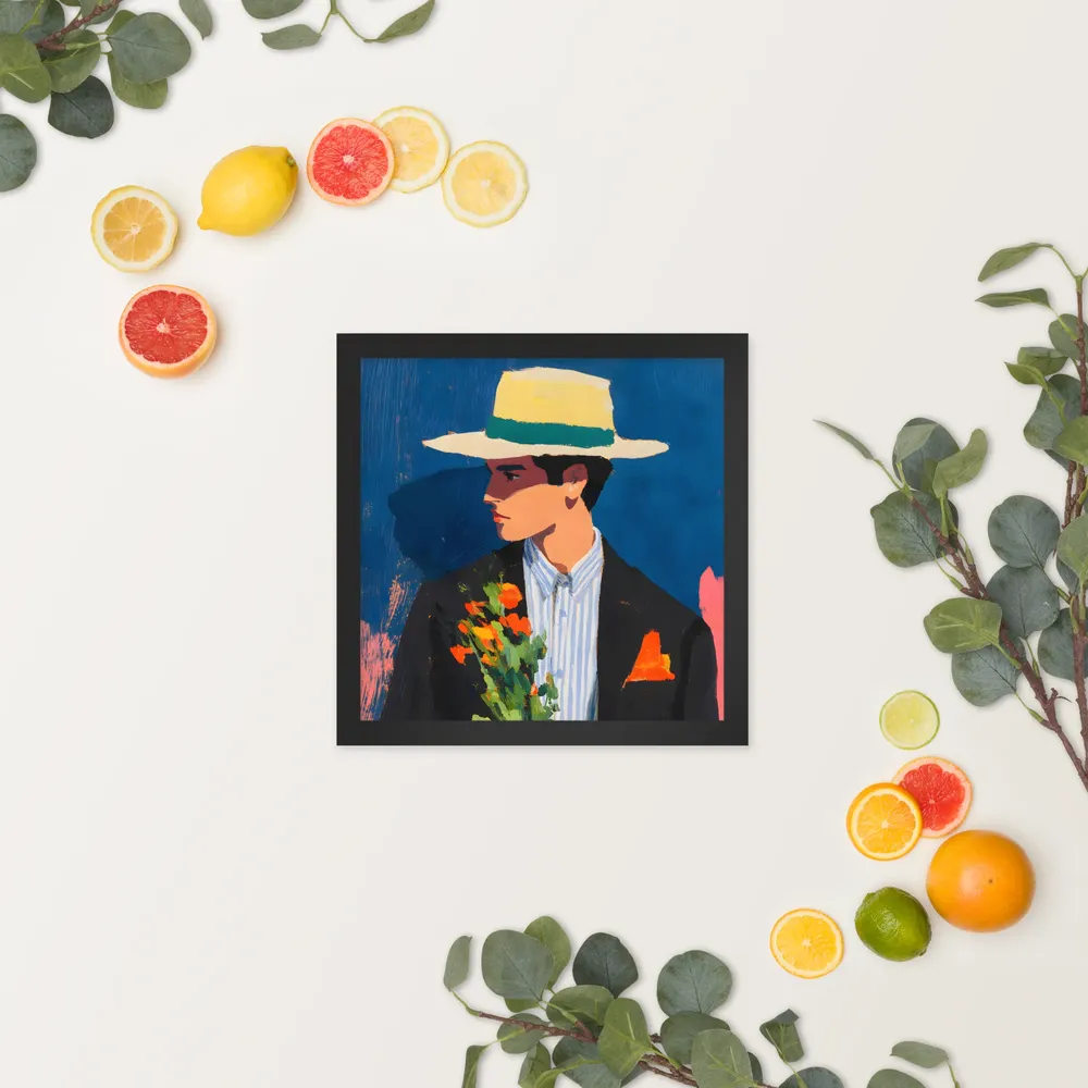Portrait with Hat and Flowers 
 Poster with Black Frame | 12″x 12″