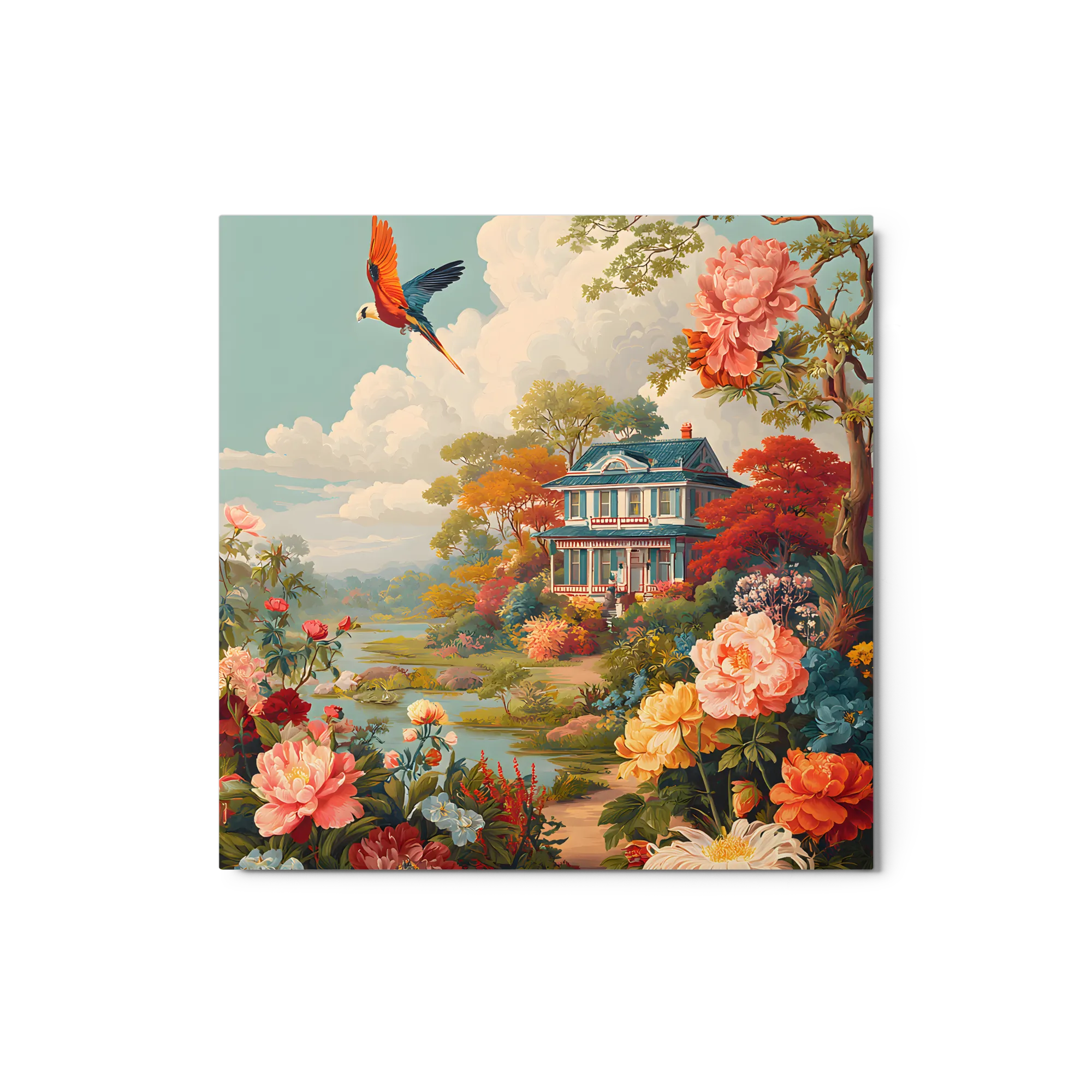 Riverside Cottage in Bloom 
 Metal Print | 12″x 12″