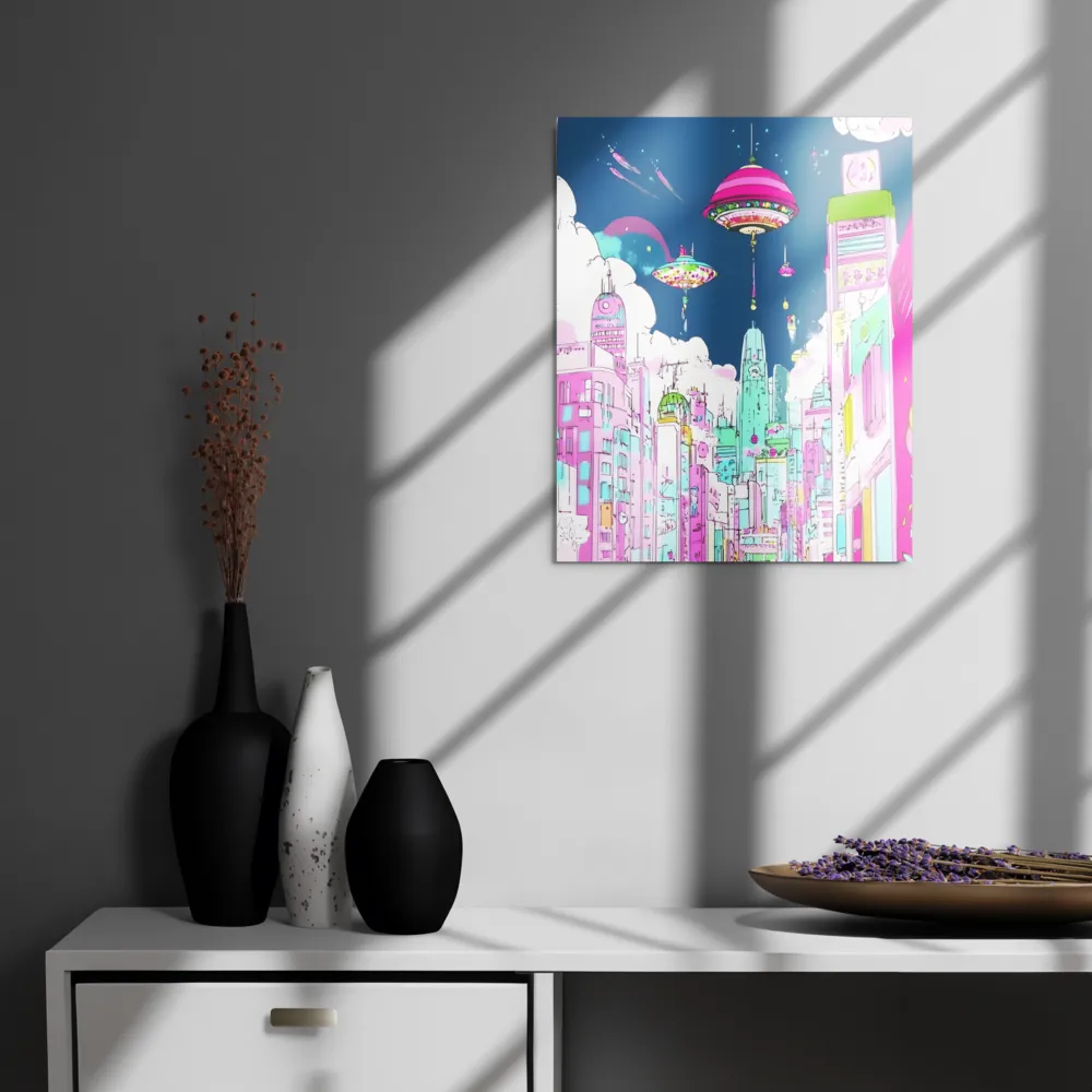 Futuristic Cityscape with Floating Structures | Metal Print | 16″×20″