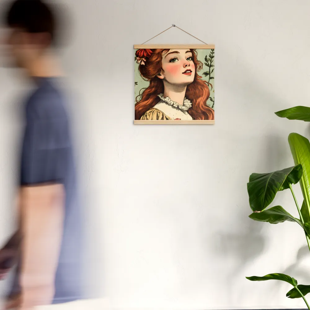 Whimsical Portrait of a Flower-Adorned Girl | Poster With Oak Wood Hanger | 16″×16″