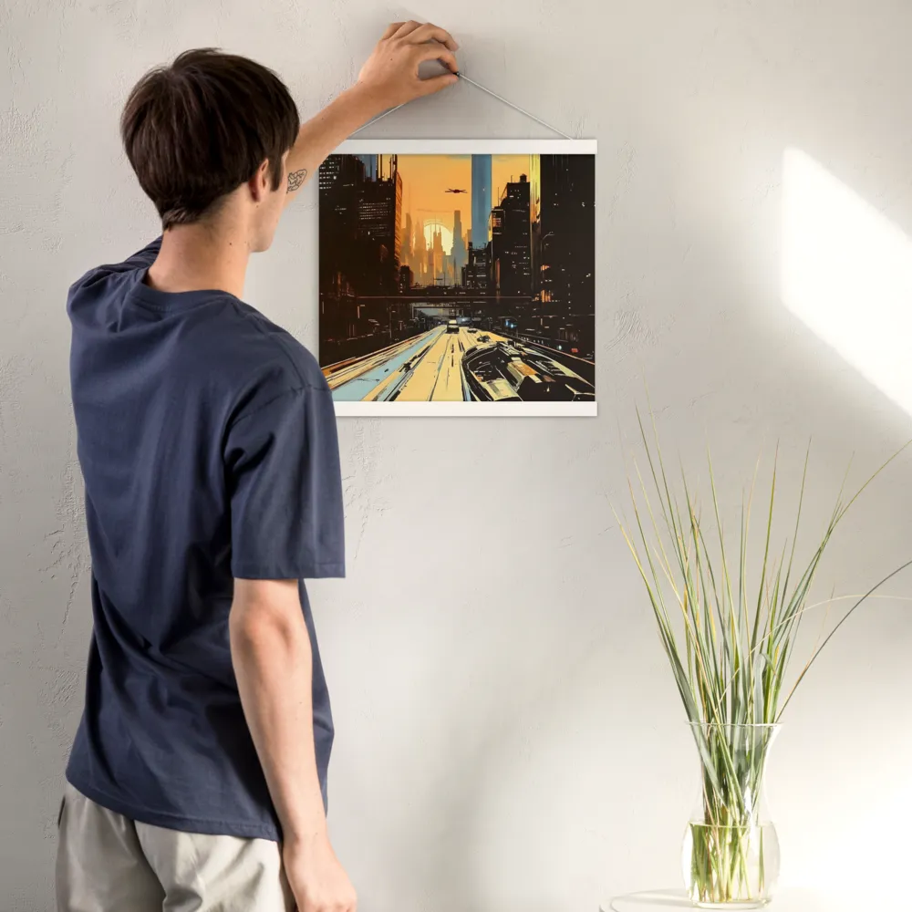 Metro Nexus: A Futuristic Cityscape | Poster With White Wood Hanger | 16″×16″