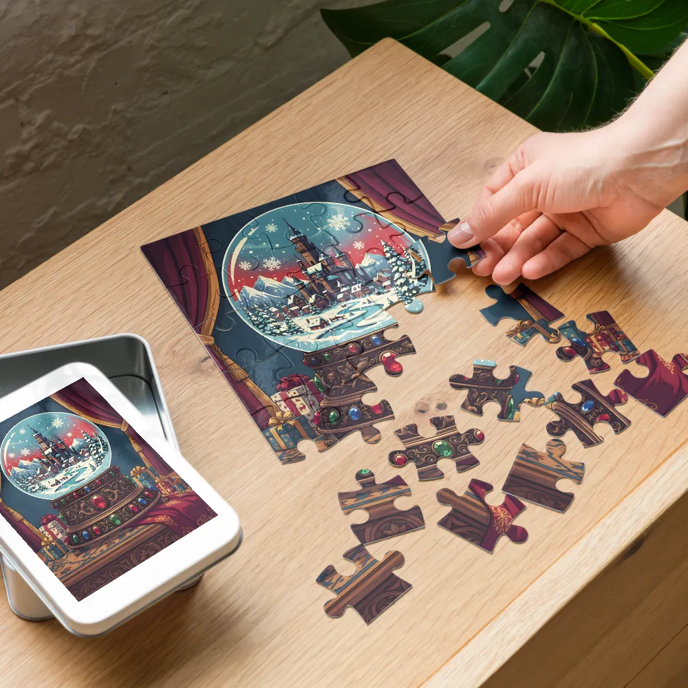 Winter Castle Snow Globe 
 Jigsaw Puzzle in Tin Box