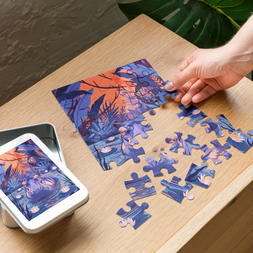 Moonlit Hippo 
 Jigsaw Puzzle in Tin Box