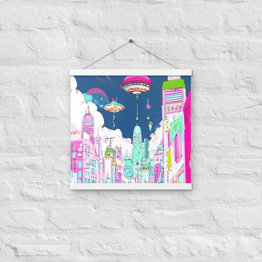 Futuristic Cityscape with Floating Structures | Poster With White Wood Hanger | 16″×16″