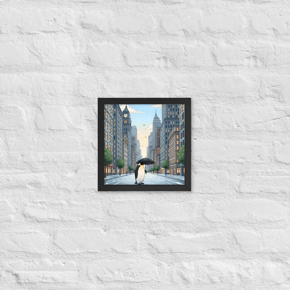 Penguin in the City 
 Poster with Black Frame | 10″x 10″