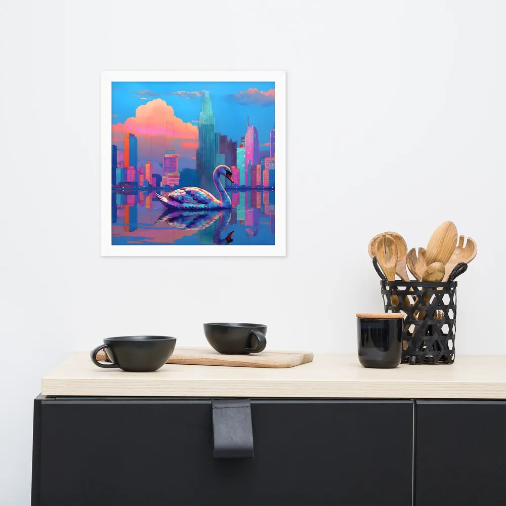 Neon Swan Skyline 
 Poster with White Frame | 14″x 14″