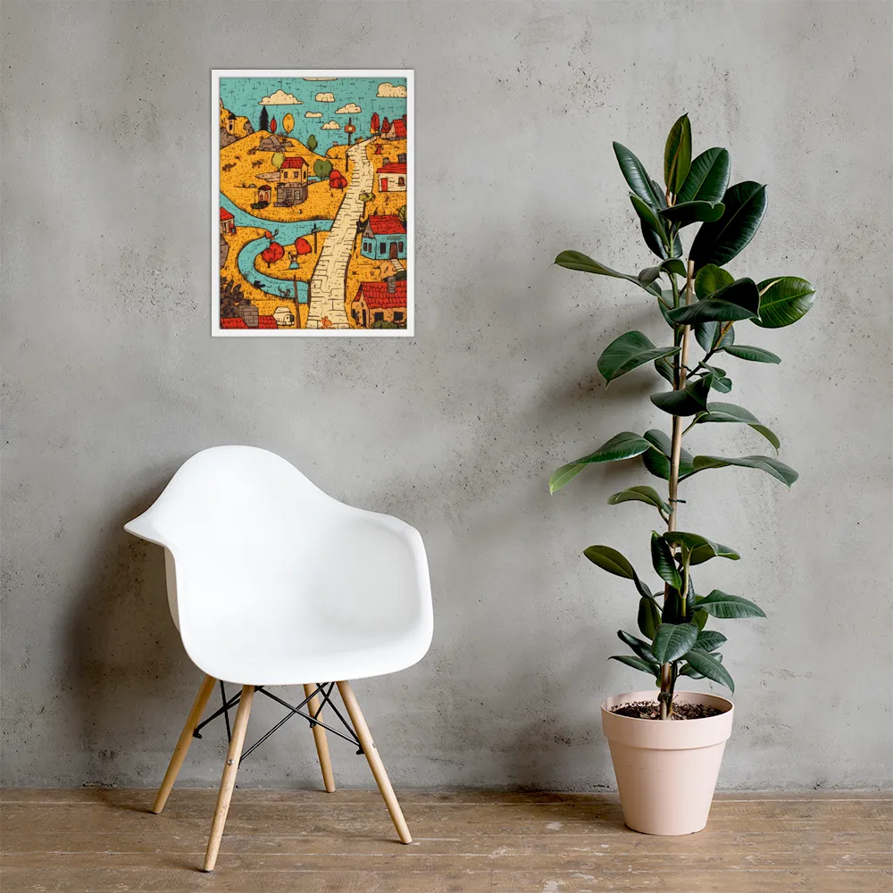 Whimsical Village Landscape | Poster with White Frame | 18″×24″